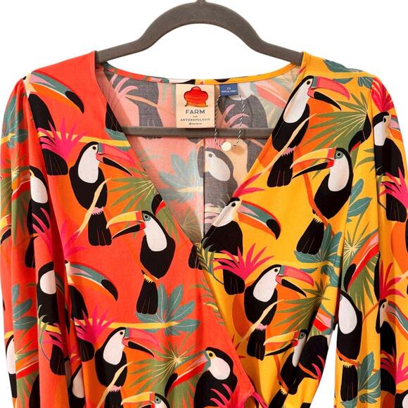 Farm Rio x Anthropologie Toucan Tropical Rainforest Wrap Blouse Size XS - Picture 5 of 15